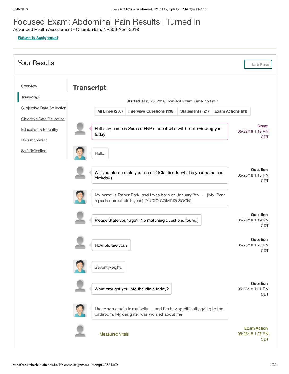 Preview of Chamberlain College of Nursing - NR 509 Focused Exam Abdominal Pain transcript